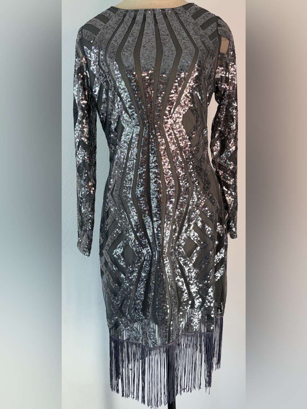 Unique Vintage Dress Med Gray Silver Sequin Art Deco Gatsby Flapper Fringe